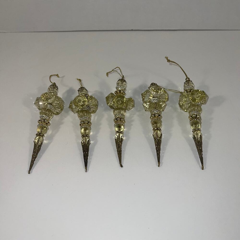 Vintage Faceted 5 Acrylic Citron/ Peridot Hand Beaded & Gold Filigree Ornaments